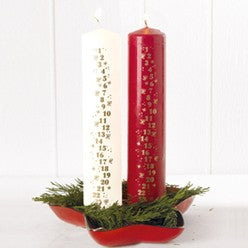 Calendar Candle, 5.8cm x 24cm, Shiny Red and White with Gold Numbers