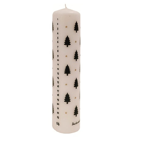 Calendar Candle 5.8cm x 24cm White with Christmas Trees